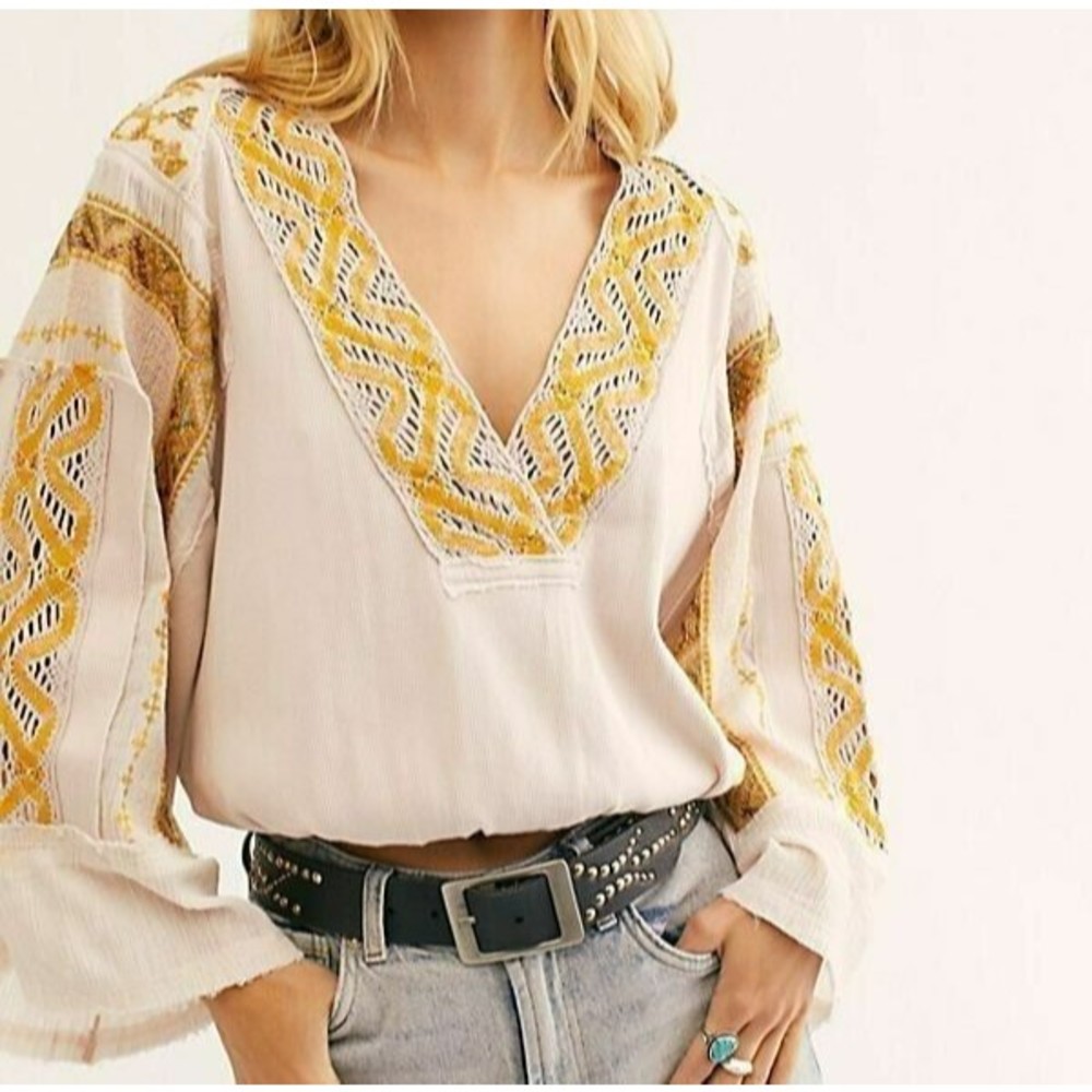 Free People Cross Country Blouse Sz L Sienna Knit Boho V-neck Top